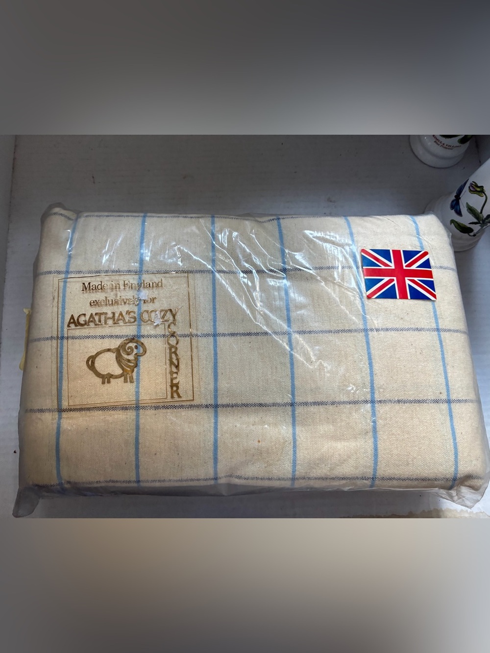 VTG Agathas Cozy Corner England Ivory Plaid Flat Sheet Set Flannel Cotton NWT